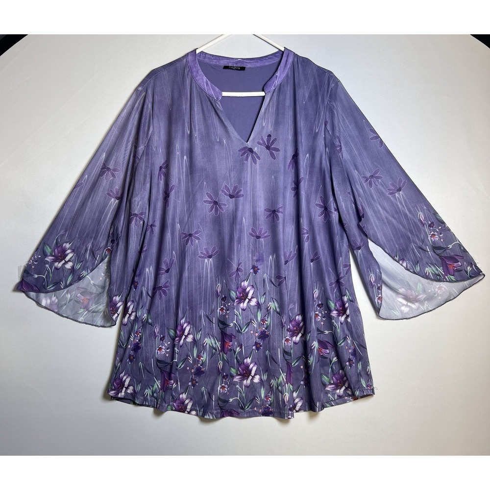 VALOLIA Purple Multicolor‎ Floral Mesh Ruffle V-Neck 3/4 Sleeve Tunic Blouse 3XL